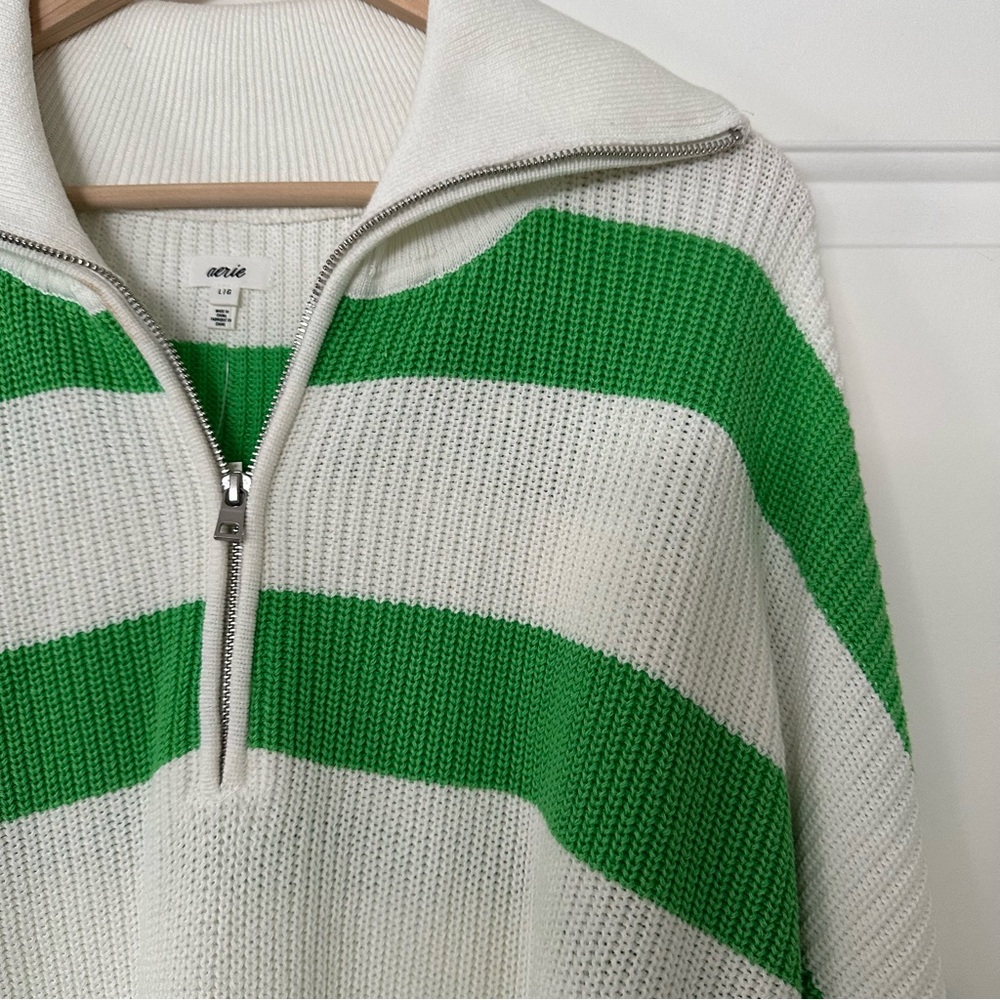 NWT Aerie Oversized Beyond Quarter Zip Sweater, Green and White Striped, Large - Picture 5 of 14